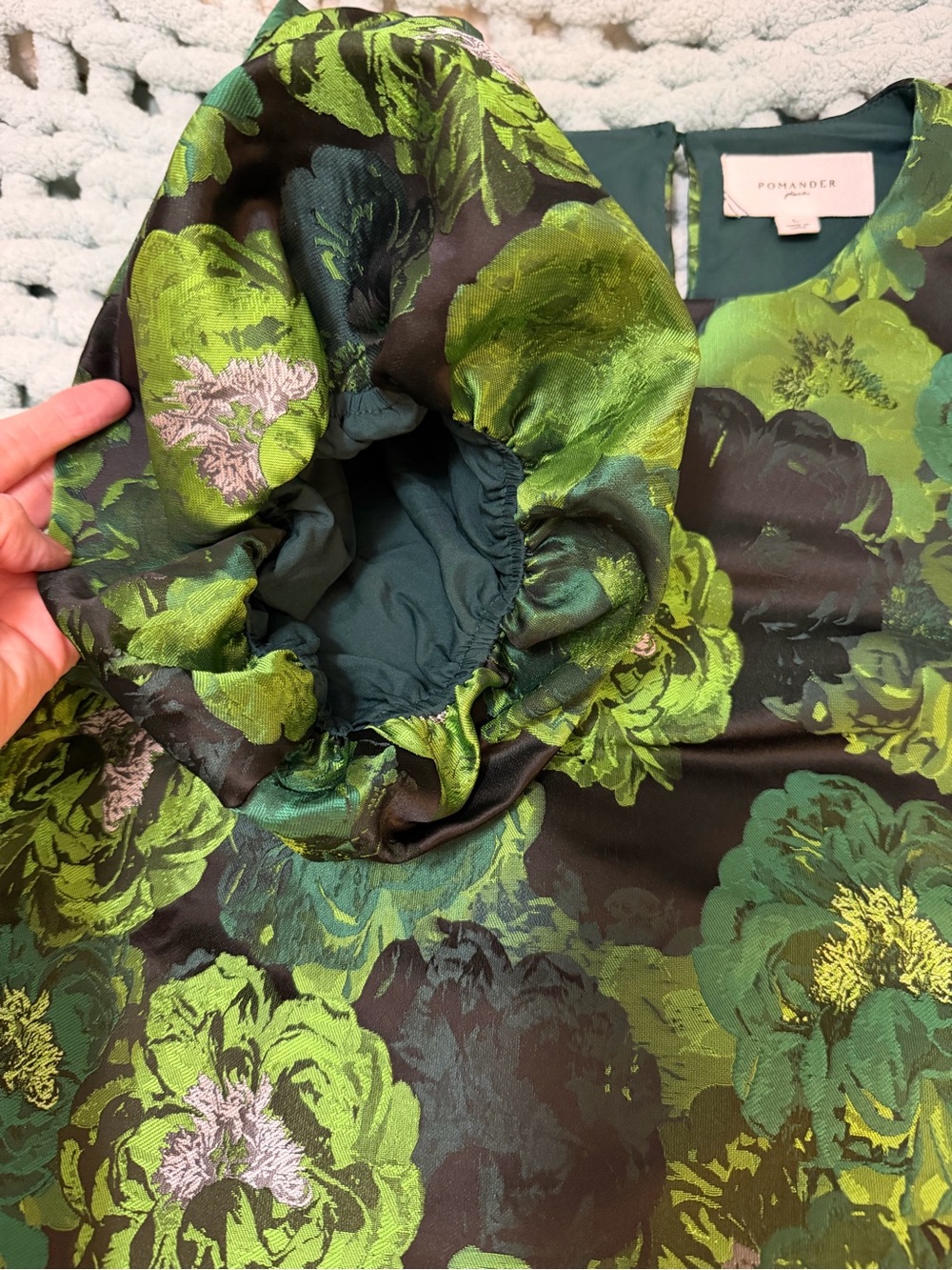 Pomander Place Bold Green Jacquard Lyla Top with Puffed Sleeve Sz Large - Picture 8 of 16